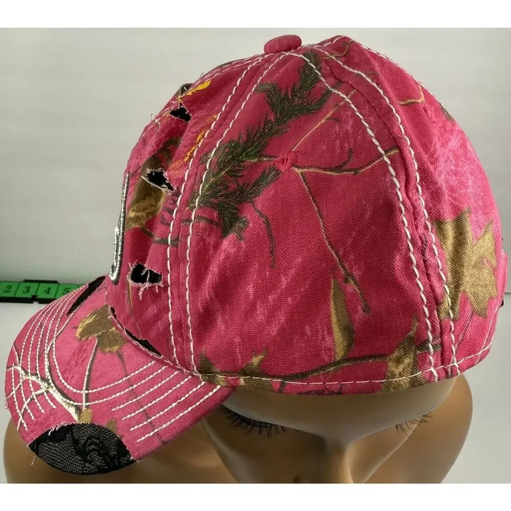 Realtree Hat Cap Pink Camo Distressed Cutouts Black Lace Silver Embroidered Logo